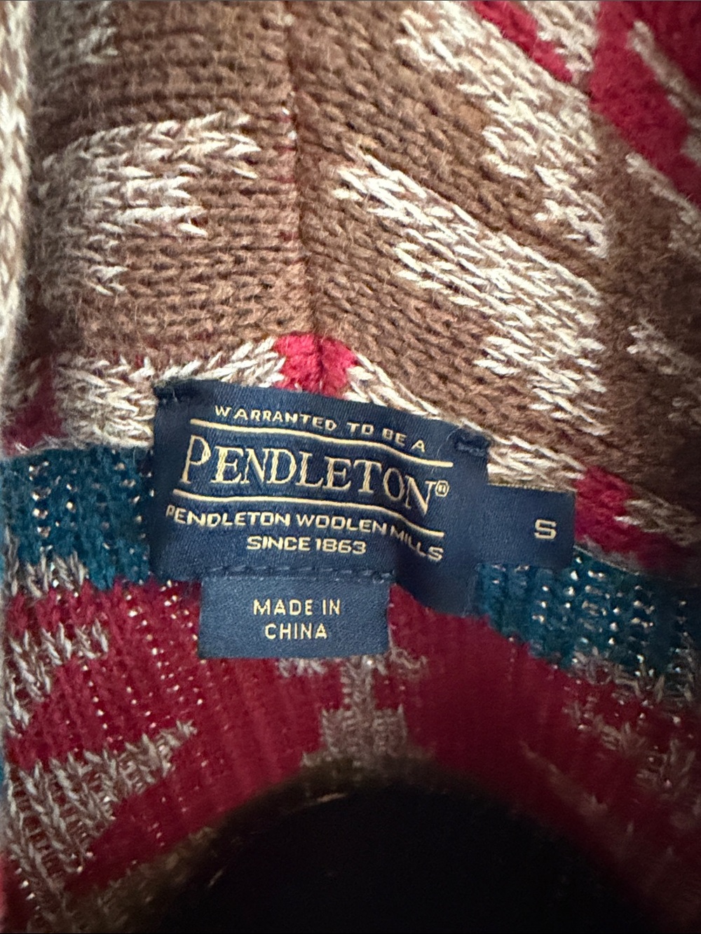 Pendleton Beige Aztec Shawl Collar Cardigan with Teal & Red Accents - Picture 6 of 7